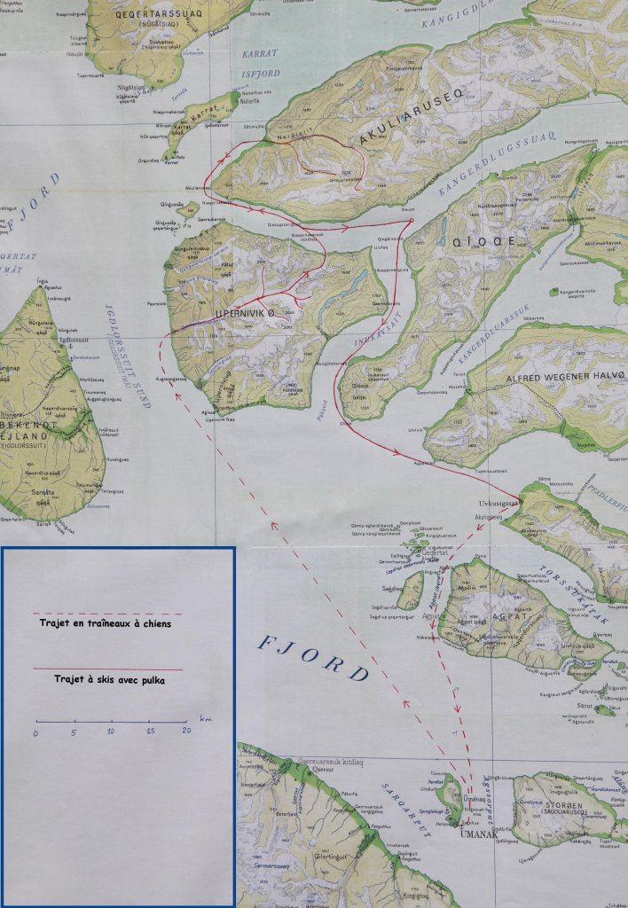 Carte du raid à skis de 1991 autour de l'île Upernivik.
