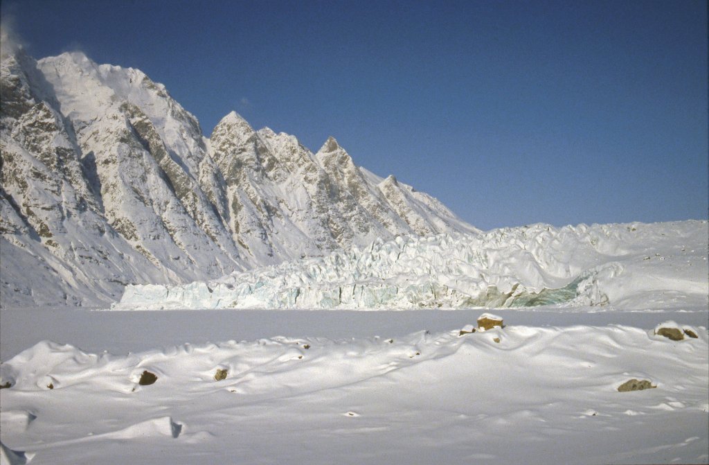 Alpefjord et front du glacier de Gully vus du Dammen - 17 Avril 1984.