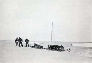 Shackleton accompagné de Alistair McKay, Douglas Mawson et McGillon quitte les quartiers d'hiver du cap Royds pour ramener Adams et Marshall. 1ér Mars 1909.