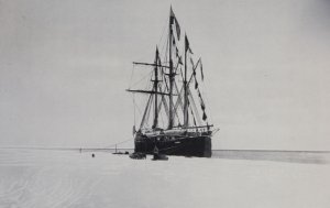 Le Fram pavoisé en l'honneur du succès au Pôle Sud est amarré à la banquise de la baie des Baleines - Janvier 1912. 